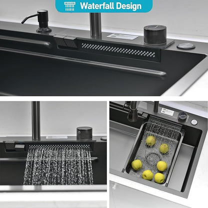 Waterfall Black Kitchen Sink, 32Inch Single Bowl Sink, Stainless Steel Multifunctional Drop In/Topmount Workstation Sink with Pull-out Faucet, Multiple Accessories (Black, 32x20in)
