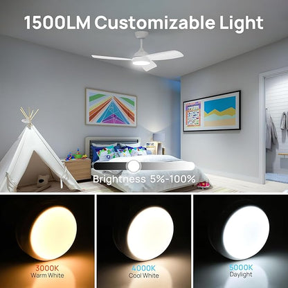 Consciot 44 inch Low Profile Ceiling Fans with Light and Remote, Modern Ceiling Fan, Downrod Mount, Reversible Quiet DC Motor, 6 Speed, 3 Color & Dimmable, White Ceiling Fan For Indoor Outdoor