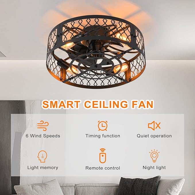 Garwarm 19.6in Caged Ceiling Fan with Light, Bladeless Black Fandelier Ceiling Fan with Remote, Industrial Farmhouse Samll Fan Lights Ceiling Fixtures for Kitchen, Bedroom（6 Speed, Timing）-Black