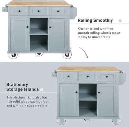Ball & Cast Kitchen Island Cart with Drop Leaf & Wine Rack,Portable Rolling Kitchen Cart W/Power Outlet 2 Drawers & 5 Wheels,Adjustable Storage for Home Kitchen and Dining Room,Grey Blue