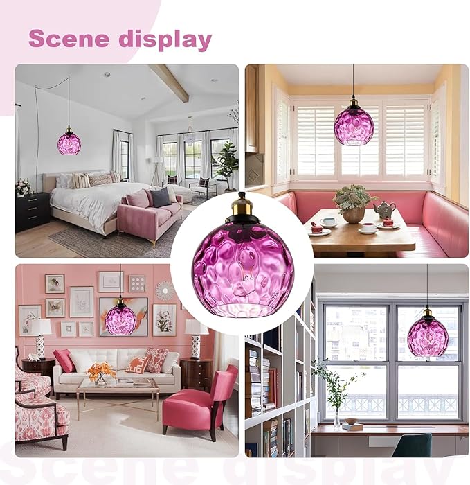 Purple Hanging Lights Plug in Pendant Lights Handblown Glsss Chandelier Plug in Light with Ceiling, Purple Glass Pendant Light for Kitchen Island, Dining Room, E26, No Bulb, 2 Pack
