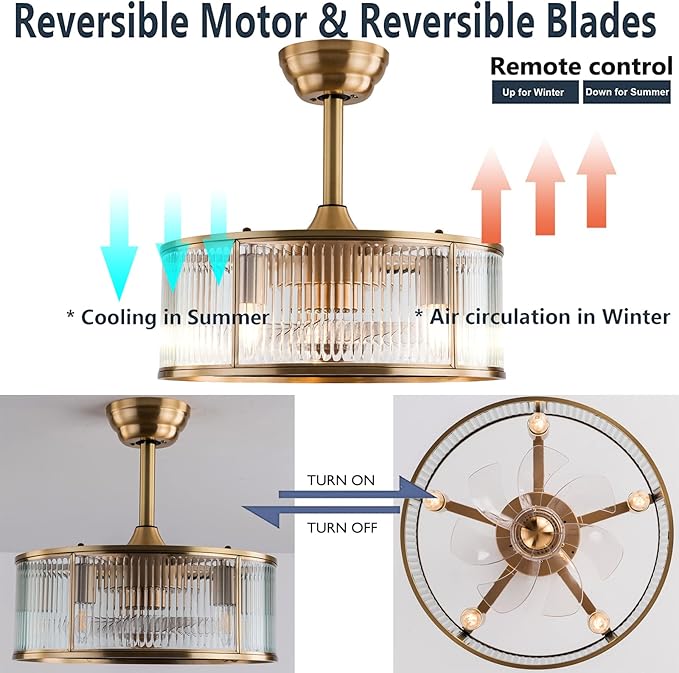 OUKANING Caged Fandelier Ceiling Fan with Light, Golden Ceiling Fans with Remote Control & Noiseless 35db - Farmhouse Rustic Bladeless Outdoors for Bedrooms, Dining Rooms, Kitchens and Living Rooms