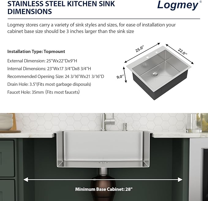 25x22 Drop in Kitchen Sink 25 Inch Stainless Steel Sinks 16 Guage 304 Single Bowl 9'' Deep Sinks with Drain Assembly LMT25229
