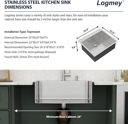 25x22 Drop in Kitchen Sink 25 Inch Stainless Steel Sinks 16 Guage 304 Single Bowl 9'' Deep Sinks with Drain Assembly LMT25229