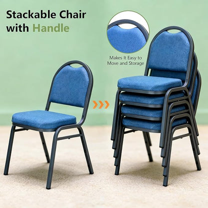 Stackable Banquet Dining Chairs 4 Pack, Upholstered Crown Back Event Chairs with Blue Fabric Seat, Heavy Duty Steel Frame, 300 lb Capacity, No Assembly, for Restaurant Wedding Conference