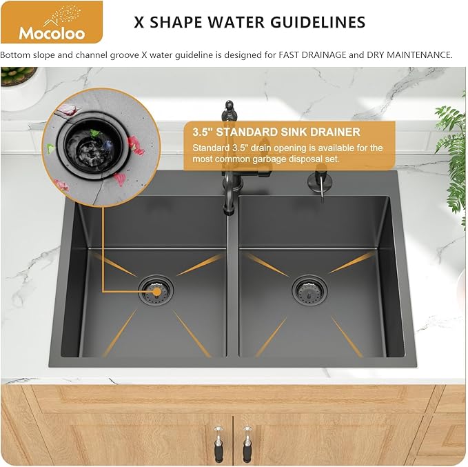 Mocoloo Double Bowl Kitchen Sink Drop in 33 x 22 Sink Gunmetal Black Double Bowl 50/50 Stainless Steel 16 Gauge Handmade, 10'' Deep Sinks