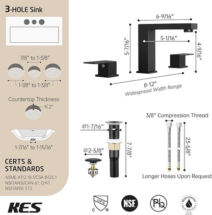 KES All Metal Black Bathroom Faucets with Pop Up Sink Drain with Overflow, 8 Inch Widespread Bathroom Faucet 3 Hole Vanity, SUS 304 Stainless Steel Matte Black, L4350LFF12-BK-C1