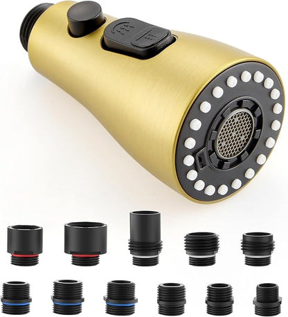 J-HVA Pull Down Kitchen Faucet Sprayer Head Replacement Part, 3 Function Pull Out Sink Sprayer Replacement Nozzle, Kitchen Faucet Head Hose Spray Tap Spout, 15 adapters, Brushed Gold