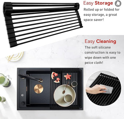 MERRYBOX Roll Up Dish Drying Rack Silicone Wrapped Over The Sink Dish Drying Rack Multipurpose Foldable Sink Drying Mat Anti-Slip & Anti-Rust Dish Rack for Kitchen, 17.5" x 13", Black