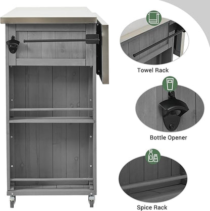 YOPTO Outdoor Kitchen Island Fir Wood Kitchen Island with Stainless Steel Top,Ample Storage Space,Towel and Spice Racks and a Bottle Opener for Outdoor,Grey
