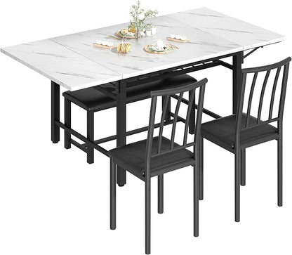 Lamerge 4-Piece Dining Table Set for 3-6 People, 63" Extendable Kitchen Table Set with 1 Bench and 2 Backrest Chairs, Faux Marble Table Square Dining Table Set with Drop Leaf for Small Space