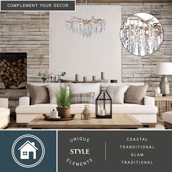 VAXCEL Rainier 5 Light Silver Linear Crystal Waterfall Chandelier, Kitchen Island Pendant Fixture, Silver Mist Finish, Dimmable Ceiling Mounted Lighting