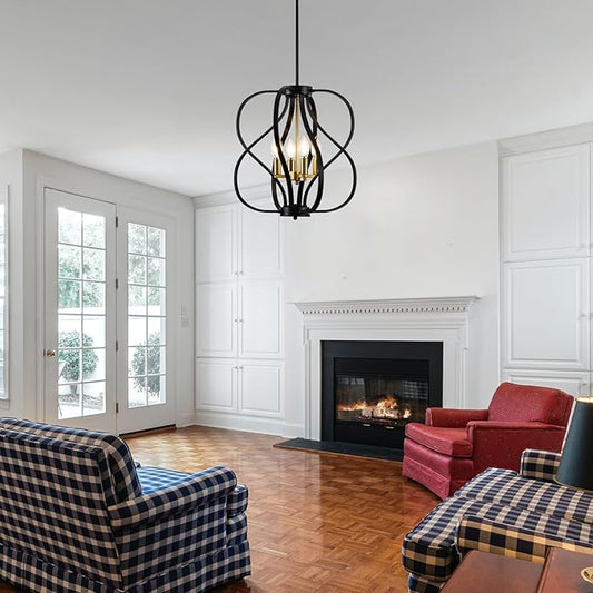 Black and Gold Chandelier Light Fixture, 18" Modern Farmhouse Industrial Chandelier, 4-Light Sphere Geometric Hanging Pendant Light Fixture for Dining Room Entryway Hallway Living Room Kitchen Island