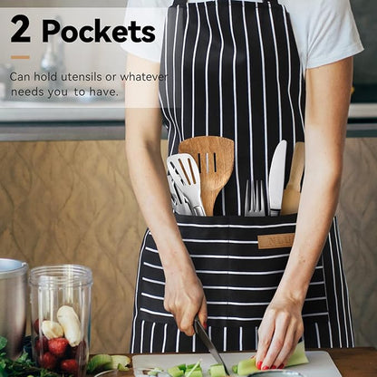 NLUS 2 Pcs Kitchen Cooking Aprons, Poly/Cotton Blend Adjustable Soft Bib Stripe Aprons with 2 Pockets for Women Men Chef (Blue Pinstripes/Black Stripes)