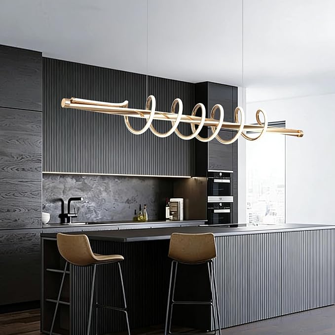 Gold Led Chandelier for Dining Room,Modern LED Chandelier Dining Room Lighting Fixture Dimmable with Remote,Minimalist Kitchen Island Lighting Ceiling Hanging Height Adjustable Music Note Design