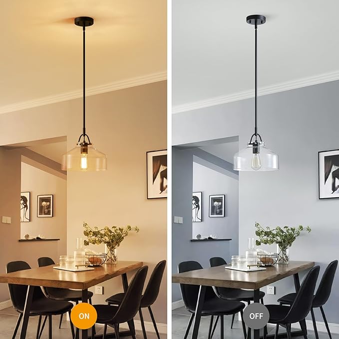 WUZUPS Chandelier Rustic Farmhouse Industrial Round Ceiling Pendant LED Light Fixture with Clear Glass Shades for Dining Room Kitchen Island Foyer Entryway, H 9.4" x W 10.6", E26 Base, Black