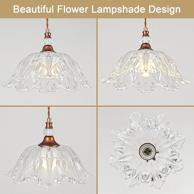1 Piece Vintage Chandelier Light Fixtures with Crystal Glass Shade, Antique Red Bronze Finish Pendant Light for Kitchen Island, Hanging Light Fixture for Dining Room, Hallway, Living Room, Bedroom