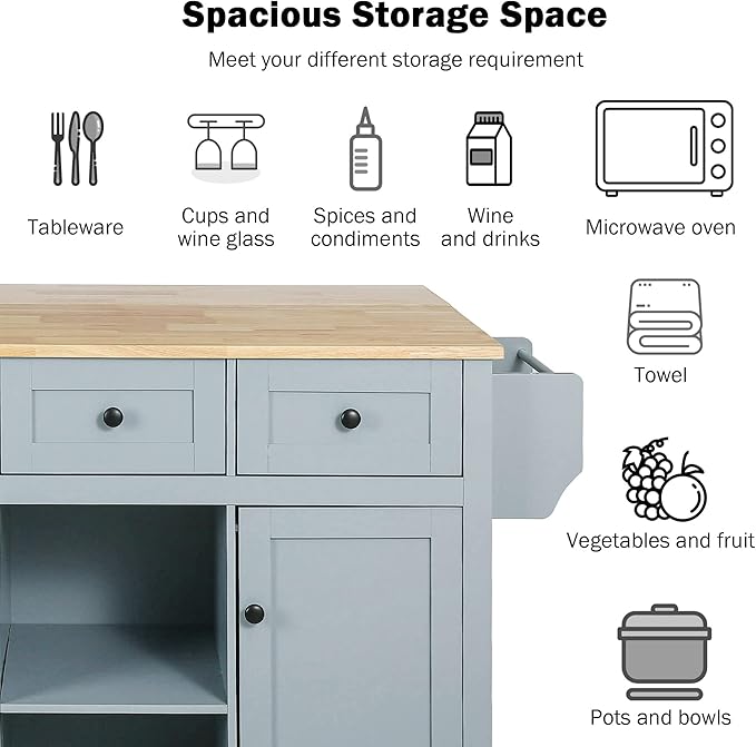 Ball & Cast Kitchen Island Cart with Drop Leaf & Wine Rack,Portable Rolling Kitchen Cart W/Power Outlet 2 Drawers & 5 Wheels,Adjustable Storage for Home Kitchen and Dining Room,Grey Blue