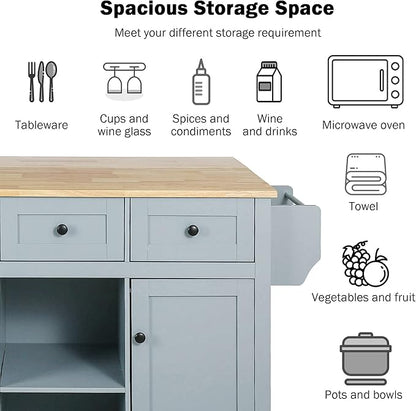 Mobile Kitchen Island with Drop Leaf, Rolling Kitchen Cart on 5 Wheels with Rubberwood Top, Storage Cabinet with 3 Storage Compartment, Spice and Towel Racks for Dining Room