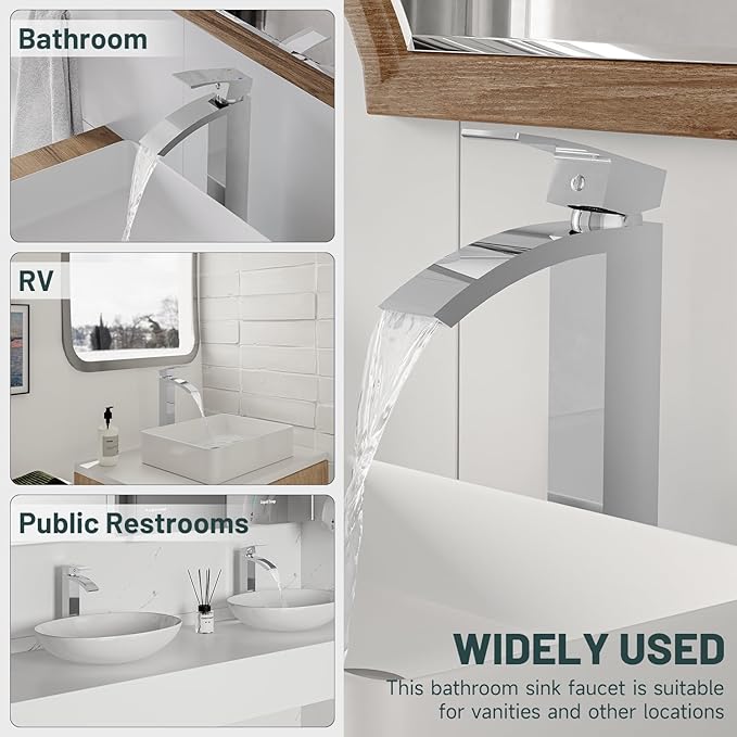Chrome Vessel Sink Faucet, Greenspring Waterfall Bathroom Faucets, Tall Spout Single Handle Single Hole Bathroom Faucets with Pop Up Drain and Without Overflow Basin Faucet Supply Line