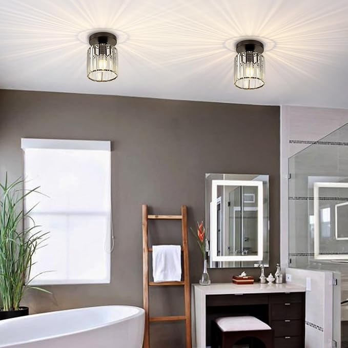Crystal Ceiling Light, Modern Industrial Semi Flush Mount Ceiling Light Fixtures, E26 Black Indoor Lighting Fixture for Hallway, Entryway, Bathroom, Kitchen, Dining Room, 1-Light