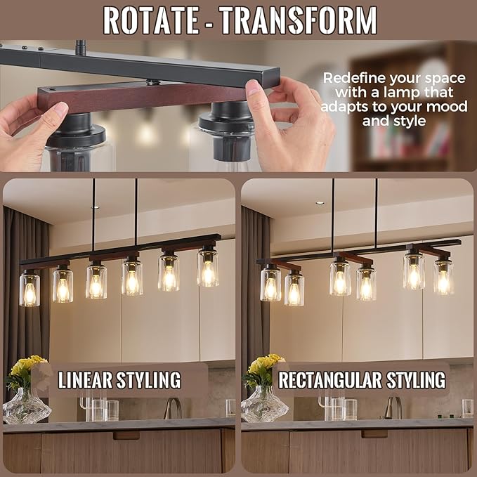 6-Light Kitchen Island Lighting & Farmhouse Dining Room Light Fixtures Over Table, Rustic Wood Linear Chandelier Adjustable Ceiling Hanging Pendant- Rotating Design, Customizable Shapes, Clear Glass