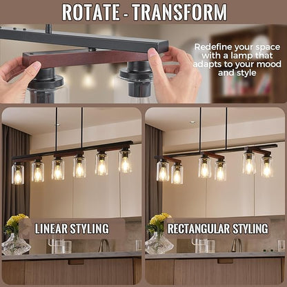 6-Light Kitchen Island Lighting & Farmhouse Dining Room Light Fixtures Over Table, Rustic Wood Linear Chandelier Adjustable Ceiling Hanging Pendant- Rotating Design, Customizable Shapes, Clear Glass