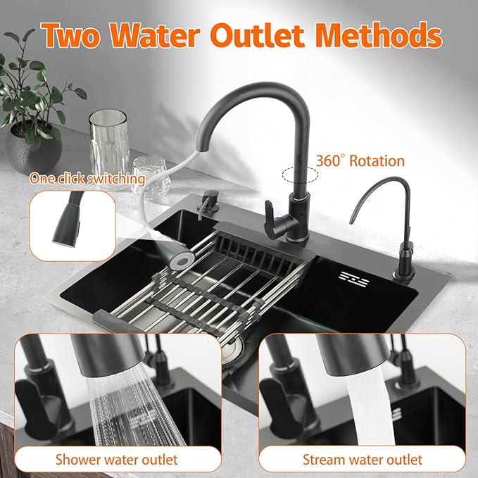 19.7x17.7in Black Kitchen Basin, Drop-In Sink with Pull-Down Faucet and Multiple Accessories, Stainless Steel Topmount Single-Bowl Workstation with Sliding Accessories for Modern Kitchens, Farm