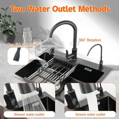 19.7x17.7in Black Kitchen Basin, Drop-In Sink with Pull-Down Faucet and Multiple Accessories, Stainless Steel Topmount Single-Bowl Workstation with Sliding Accessories for Modern Kitchens, Farm