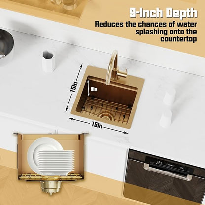 Gold Kitchen & Bar Sink Workstation, 15"x15" Stainless Steel Drop-In Single Bowl With Gold-Tone Accessories - Stylish and Luxurious Look for Kitchens