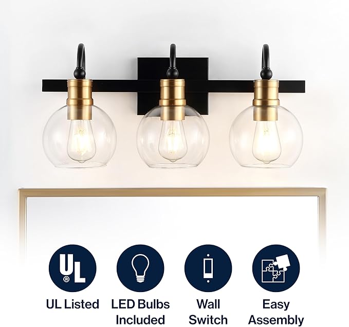 JONATHAN Y 21.5" Black/Brass Gold Vintage Wall Sconce, LED Vanity Light for Bathroom Bedroom Entryway, Clear Glass Globe Shade, Modern Industrial Arched Lamp, LED Bulb Included (JYL3528A)