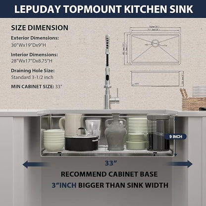 30 Inch Undermount Kitchen Sink -30x19 Undermount Ledge Workstation Sinks 16 Gauge T304 Stainless Steel Single Bowl Under Counter Kitchen Sinks Basin