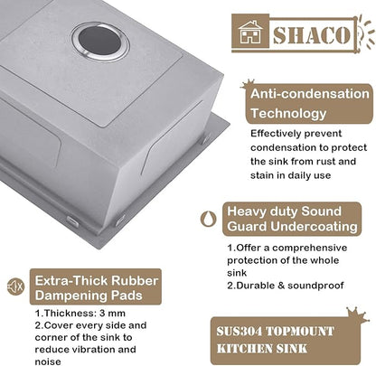 SHACO 21 Inch Drop In Kitchen Sink, 21x20 Inch Topmount Bar Sink 16 Gauge Stainless Steel Workstation Handmade Outdoor Laundry RV Small Prep Basin with Accessories