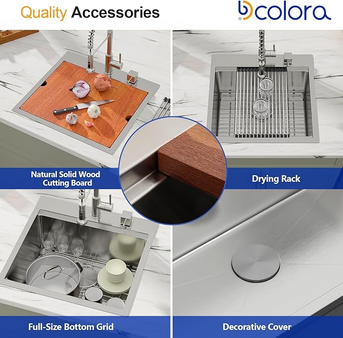 Dcolora 21 Inch Drop-In Kitchen Sink Workstation, 16 Gauge Stainless Steel Topmount Single Bowl Sink with Full-Cover Cutting Board, Grid & Drying Rack, Deep Bar/Utility Sink, 21"x20"x10", #DC-T7756