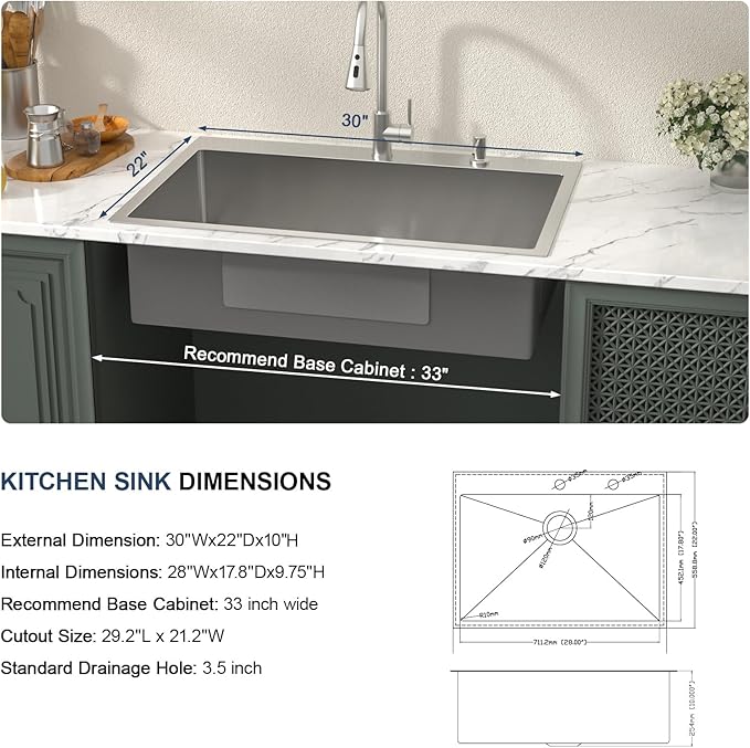 Lordear 30 inch Drop In Kitchen Sink Stainless Steel 16 Gauge Single Bowl Topmount Rectangular Round Corner Kitchen Sinks Overcounter Basin
