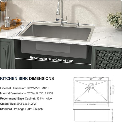 Lordear 30 inch Drop In Kitchen Sink Stainless Steel 16 Gauge Single Bowl Topmount Rectangular Round Corner Kitchen Sinks Overcounter Basin