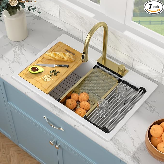 Sarlai Granite Composite Sink 33 Inch Drop In Waterfall Kitchen Sink Workstation Sink with Faucet White Quartz Classic Single Bowl Topmount Multifunction Sinks with Waterfall