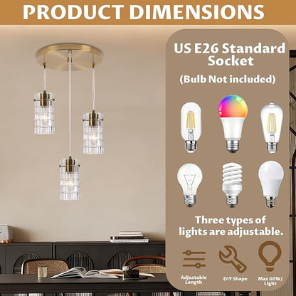 Modern Glass Pendant Light, Copper Finish 3-Light Chandelier for Kitchen Island/Dining, Height Adjustable, E26 Sockets, Bulbs Not Included