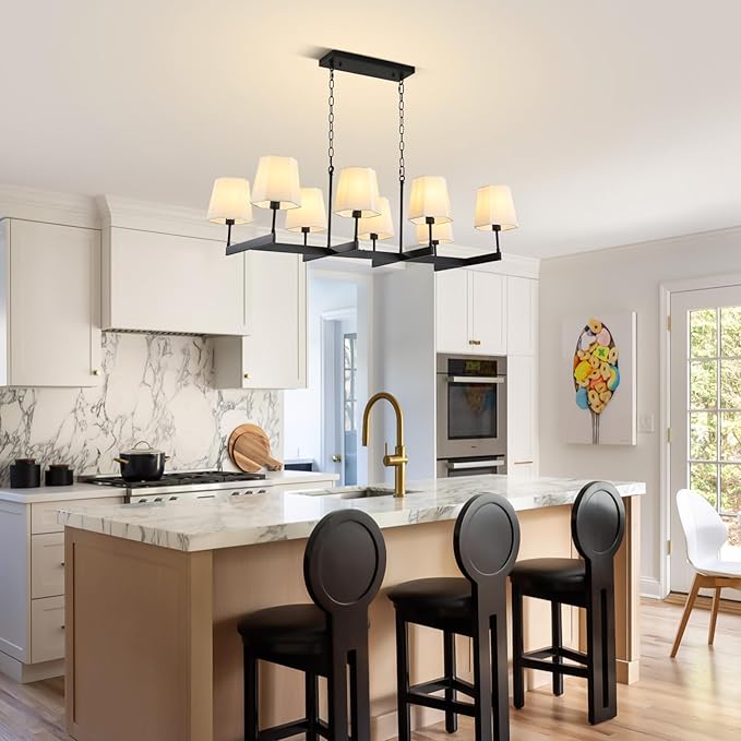 Farmhouse Chandeliers, 8-Light Black Chandeliers for Dining Room with White Fabric Shade, Adjustable Hanging Pendant Lighting for Kitchen Island Living Room