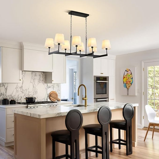 Farmhouse Chandeliers, 8-Light Black Chandeliers for Dining Room with White Fabric Shade, Adjustable Hanging Pendant Lighting for Kitchen Island Living Room