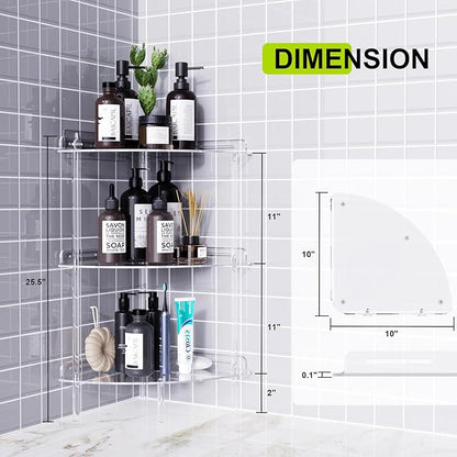 Bakzon Corner Shower Caddy, 3 Tier Acrylic Shower Organizer Corner for Inside Shower, Rustproof Floor Standing Shower Shelves for Bathroom, Clear