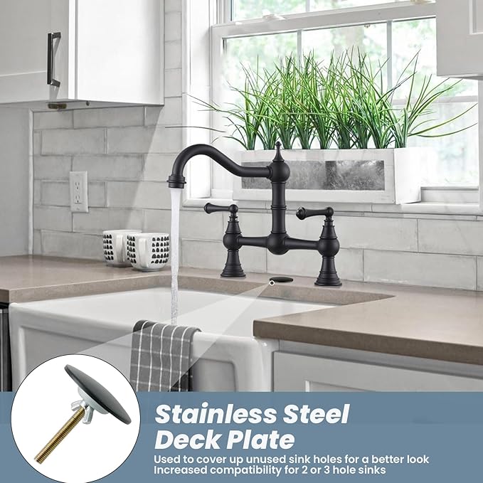 WOWOW Black Bridge Kitchen Faucet 2 or 3 Hole Antique Brass Bridge Faucet 2 Handle 8 Inch Centerset Farmhouse Kitchen Sink Faucet 360° Swivel Vintage Tap