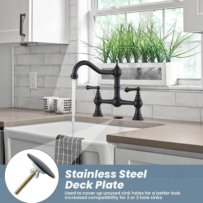 WOWOW Black Bridge Kitchen Faucet 2 or 3 Hole Antique Brass Bridge Faucet 2 Handle 8 Inch Centerset Farmhouse Kitchen Sink Faucet 360° Swivel Vintage Tap