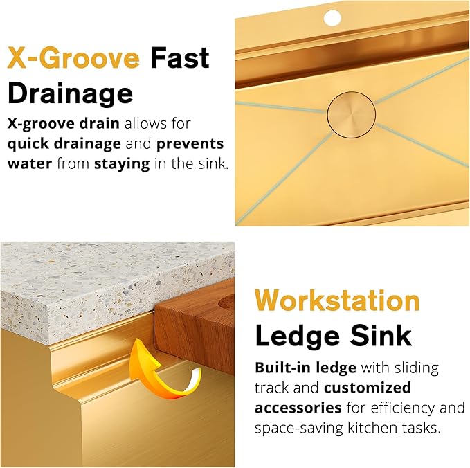 30 Inch Farmhouse Gold Sink, 16 Gauge 304 Stainless Steel Farm Sinks, Drop In Topmount Single Bowl Workstation Sink with all Accessories, 30" x 22" x 10" Large and Deep Kitchen Sink