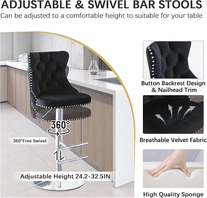 5 Pcs Round Glass High Top Bar Table Set, Rustic Swivel Barstools Island Chair, Small Circle Pub Table & 4 Adjustable Velvet Counter Stool with Back (Silver Metal Legs, Clear Top + Black Chair)