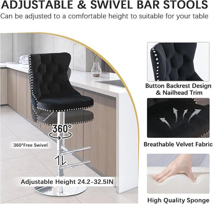 yeag 31.5'' Modern Luxury Glass Bar Table Set for 4, Round Pub Table Cocktail Table and 4 Adjustable Velvet Swivel Barstools Island Chairs for Bistro (Silver Metal Legs, Clear Top + Black Chair)