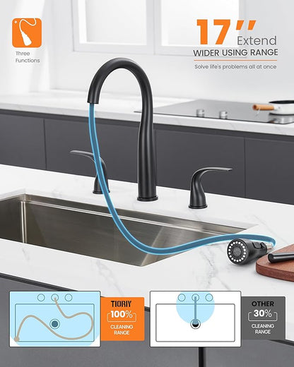 TIORIY Black Kitchen Faucet 3 Hole with Pull Down Sprayer, 2-Handle High Arc Kitchen Sink Faucet with 3 Function Spray, Stainless Steel, T-3005B