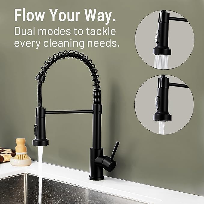 Asinse Kitchen Faucet with Sink Mat, Pull Down Kitchen Faucet with Sprayer, 2 Modes High Arc Stainless Steel Kitchen Sink Faucet, 360° Swivel Modern Tap for RV, Bar, Laundry, Garden, Black