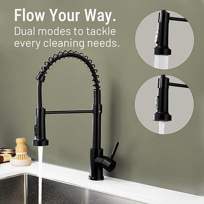 Asinse Kitchen Faucet with Sink Mat, Pull Down Kitchen Faucet with Sprayer, 2 Modes High Arc Stainless Steel Kitchen Sink Faucet, 360° Swivel Modern Tap for RV, Bar, Laundry, Garden, Black