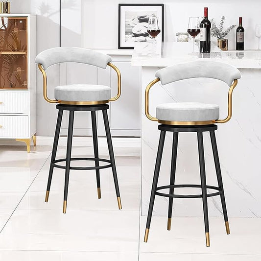 Swivel stools 1PC, Velvet Upholstered Stools with Hollow Back, Metal Chair Legs & Footrest for Kitchen Island Dining Room Pub Home, Seat Height 65cm, Black (White Seat Height 65cm